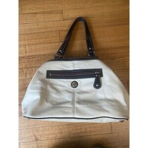 VTG Coach Beige & Navy Leather Tote Handbag With Kiss Lock Closure & Front Zip